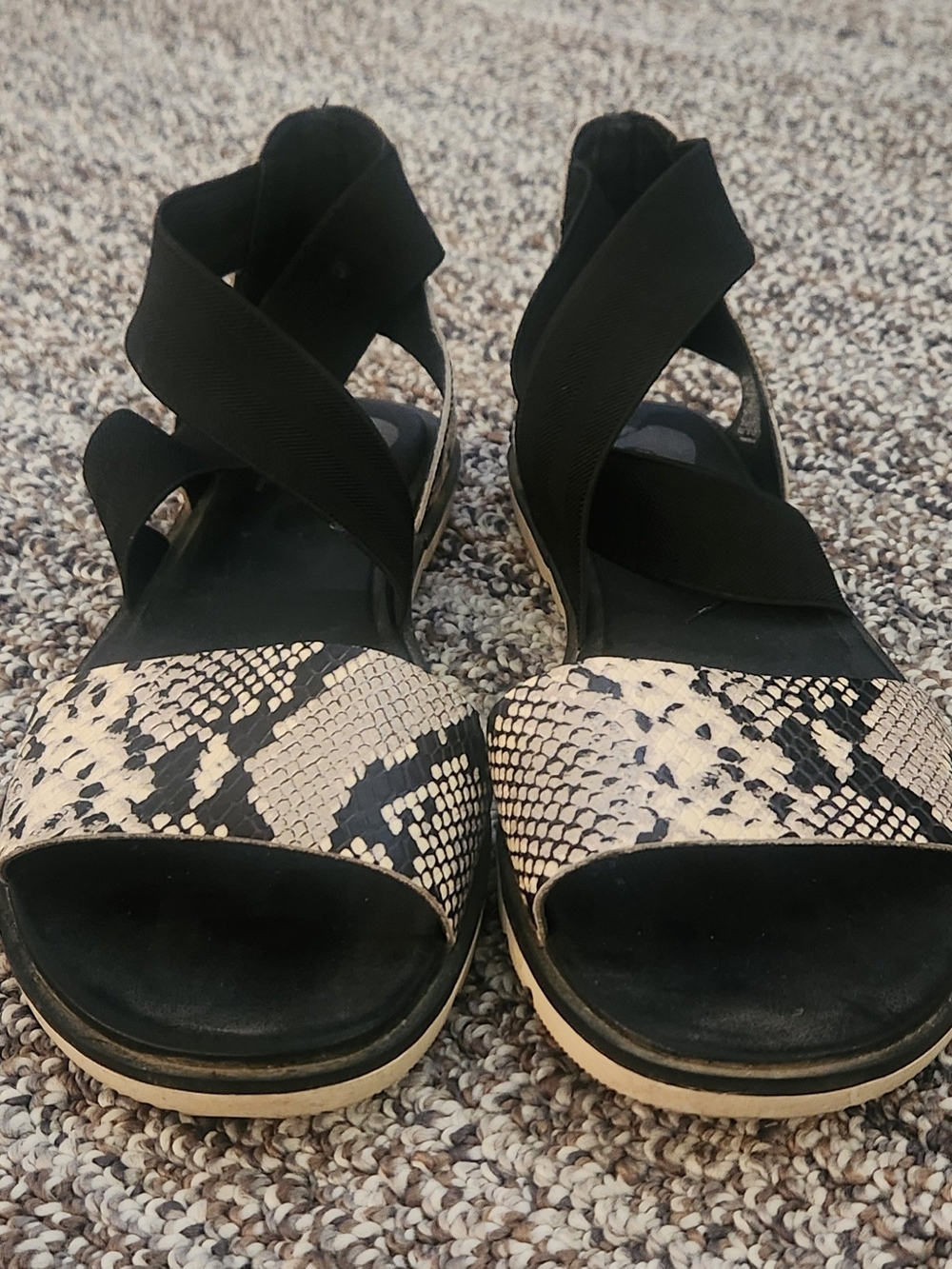 Snake-Print Toe Sandals with Black Elastic Crossover Straps